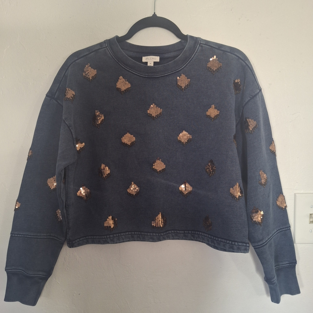 Pilcro Navy Blue Sequin Dot Cropped Sweatshirt Size XS. - Picture 2 of 9